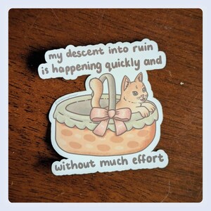 Descent Into Ruin Sticker | Hell In A Hand Basket | Spiralling Mental Health Cat Meme | Cute Funny Sticker for Laptop, Water Bottle, Journal