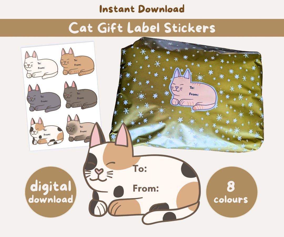 Cat Labels Paper Cat Gift Labels | Printable Gift Stickers | Christmas, Birthday Gift ...
