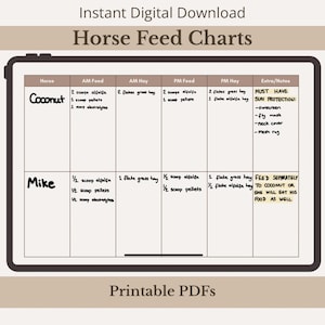May include: A digital horse feed chart displayed on a tablet screen with columns for horse names, AM and PM feed and hay, and extra notes. The chart includes handwritten text for two horses named Coconut and Mike, detailing specific feed amounts.