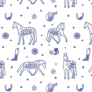 May include: A repeating pattern featuring blue line art of horses, horseshoes, saddles, cowboy boots, flowers, and hearts on a white background. The horses are decorated with floral patterns.