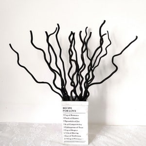 May include: A white ceramic vase with black calligraphy that reads "Recipe for Love" and lists ingredients for love, such as "1 Cup of Romance", "1 Pinch of Humor", and "3/4 Cup of Patience". The vase is filled with black curly willow branches.