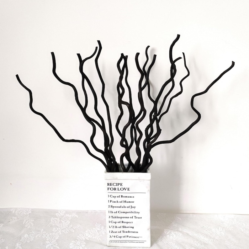 May include: A white ceramic vase with black calligraphy that reads "Recipe for Love" and lists ingredients for love, such as "1 Cup of Romance", "1 Pinch of Humor", and "3/4 Cup of Patience". The vase is filled with black curly willow branches.