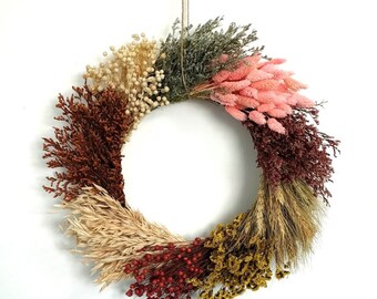 Rustic Natural Flower Wreath 17”, Wall Hanging Decoration, Dried Wheat, Preserved Grass, Luxury Welcome Wreath for Outdoor Decor