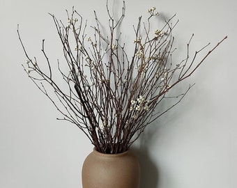 May include: A brown ceramic vase filled with a bouquet of dried branches with white berries.