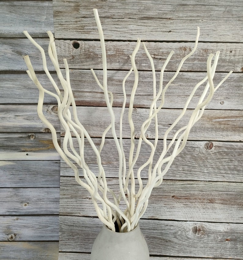 May include: A white ceramic vase filled with white, curly willow branches. The vase is sitting on a wooden surface.