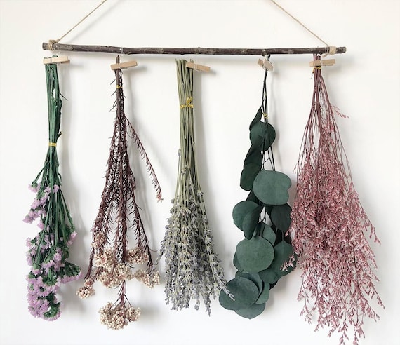 Autumn Natural Dried Flower Rack, Wall Hanging Decor, Eucalyptus Dried Herb Rack, Greenery Hanging Plants for Kitchen, Bedroom, Boho Leaves