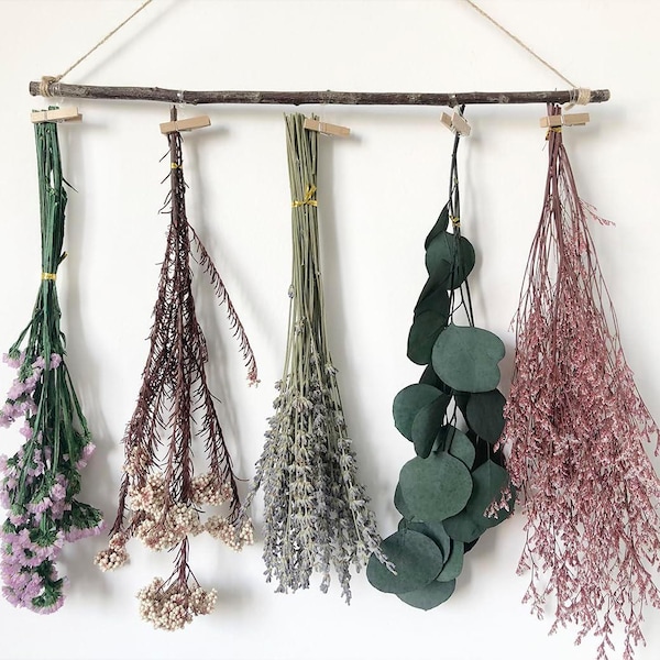 Autumn Natural Dried Flower Rack, Wall Hanging Decor, Eucalyptus Dried Herb Rack, Greenery Hanging Plants for Kitchen, Bedroom, Boho Leaves