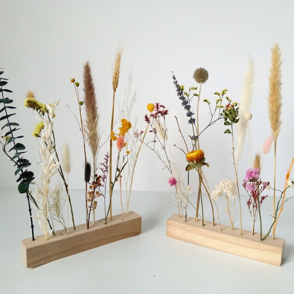 GHY Decor Natural Dried Flowers in Wooden Strip, Flowergram, Pack Of 2 ( Includes Two Sets of Wooden Flower Arrangements)