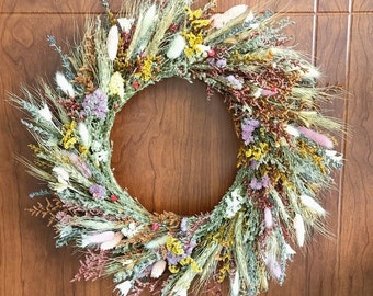 Rustieke natuur bloem grote krans 18", muur hangende decor, gedroogde kleurrijke vergeet-mij-niet bloem, lavendel, tarwe, lagurus, krans deur decor