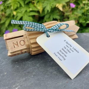 May include: A set of five quirky garden labels made of light brown wood, tied with a green and white gingham ribbon. The labels include phrases like "No Idea" and "Weeds".