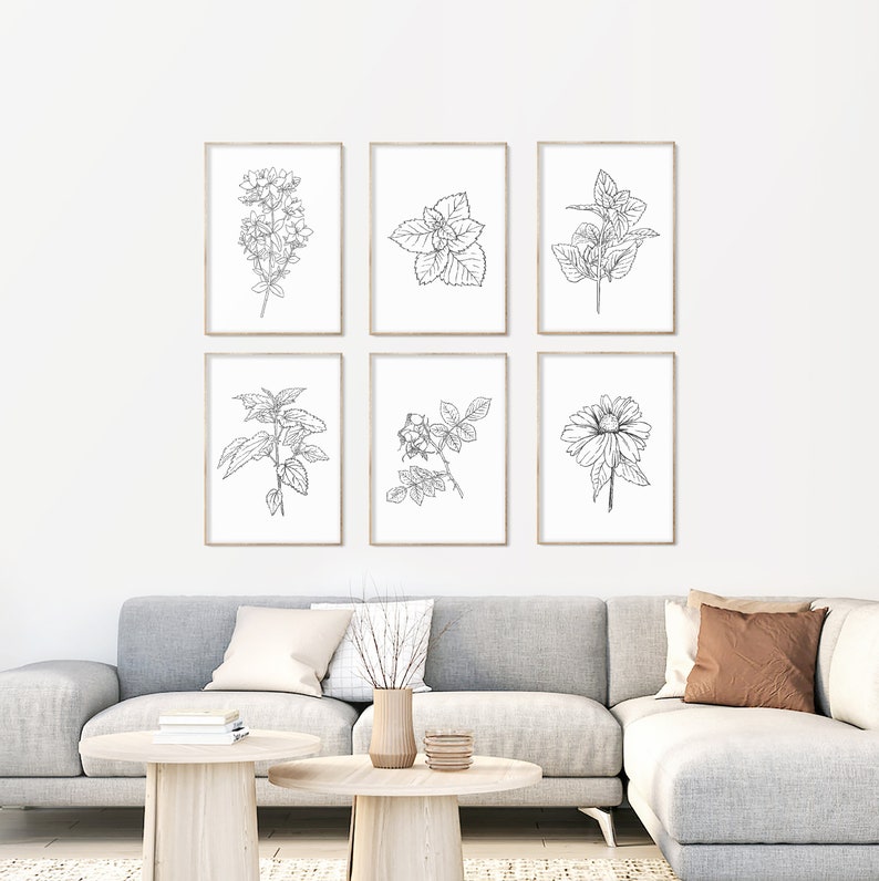 FLORAL LINE ART set of 6 home decor wall art drawing prints Etsy