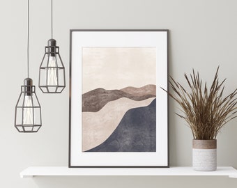 boho landscape mid century modern wall art printable, minimalist beige gray abstract digital download, bedroom wall decor, prints wall art