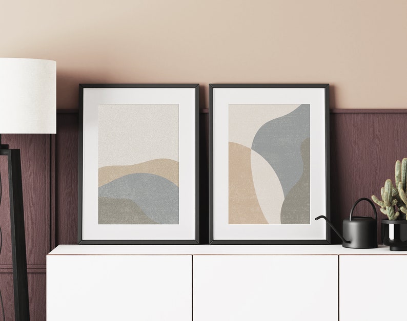 Neutral Boho Abstract Wall Art Printable Set of 2, Mid Century Digital ...