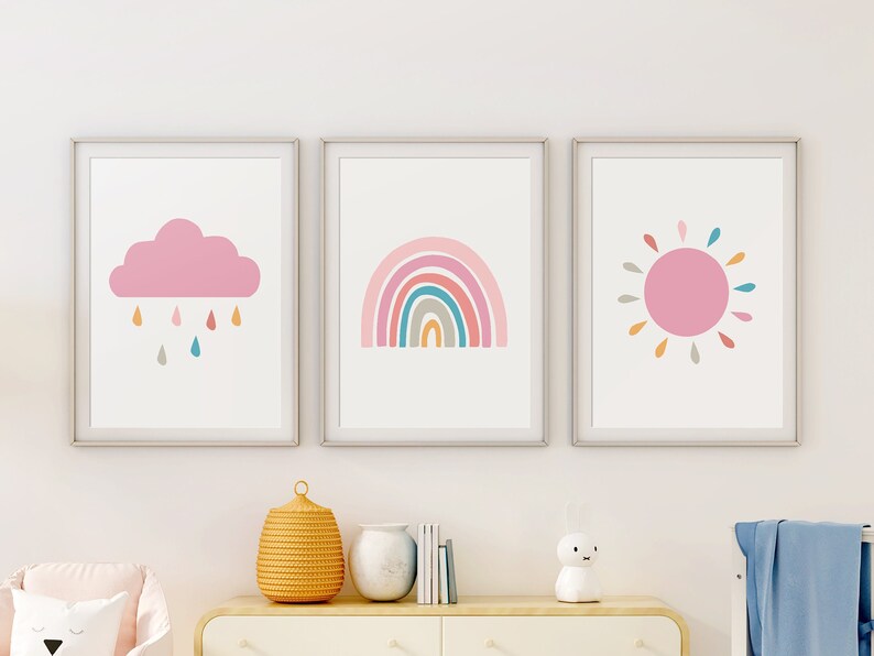Rainbow Sun Cloud Prints Set of 3, Nursery Prints, Nursery Wall Art ...