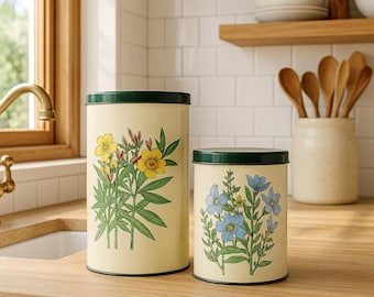 Vintage 1970s Metal Storage Tins Set with Botanical Prints | Retro Kitchen Decor | Cottagecore Home Storage | Rustic Pantry Containers