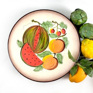 Vintage Hand-Painted Terracotta Fruit Plate | 1970s Mediterranean Ceramic Platter | Spanish Portuguese Pottery Wall Hanging Decor