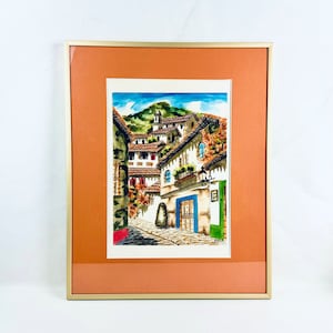 Mediterranean Village Watercolor Painting: Signed Gold Frame Art