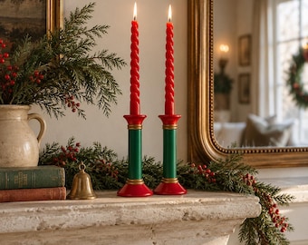 Vintage Swedish Candle Holders, Red Green Wooden Candlesticks, Scandinavian Christmas Decor, Made in Sweden
