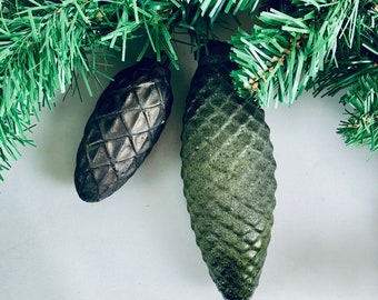 Vintage Cast Iron and Glass Pine Cone Ornaments – Rustic Christmas Decor – Antique Tree Decorations – Mid-Century Holiday Pair