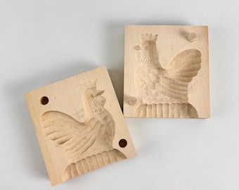 Vintage Wooden Rooster Butter Mold, European Folk Art Kitchen Decor, Hand Carved Chicken Mould with Two-Part Design