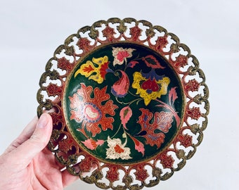 Vintage koperen cloisonné schaal met bloemendecor – traditionele Indiase Paisley-stijl, handgemaakte cloisonné-techniek, woondecoratie en cadeau