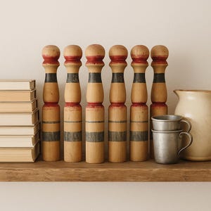 Vintage French Wooden Skittles Set – 8 Rustic Bowling Pins, Antique Quilles Game, Farmhouse Decor, Rare Vintage Home Accent