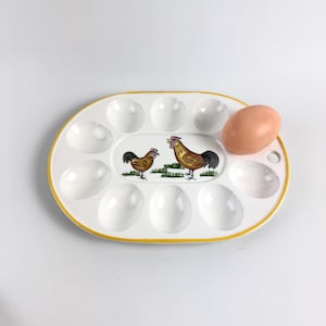 Vintage Deviled Egg Plate with Rooster Motif, Ceramic Egg Serving Platter, Farmhouse Kitchen Decor, Easter Tableware