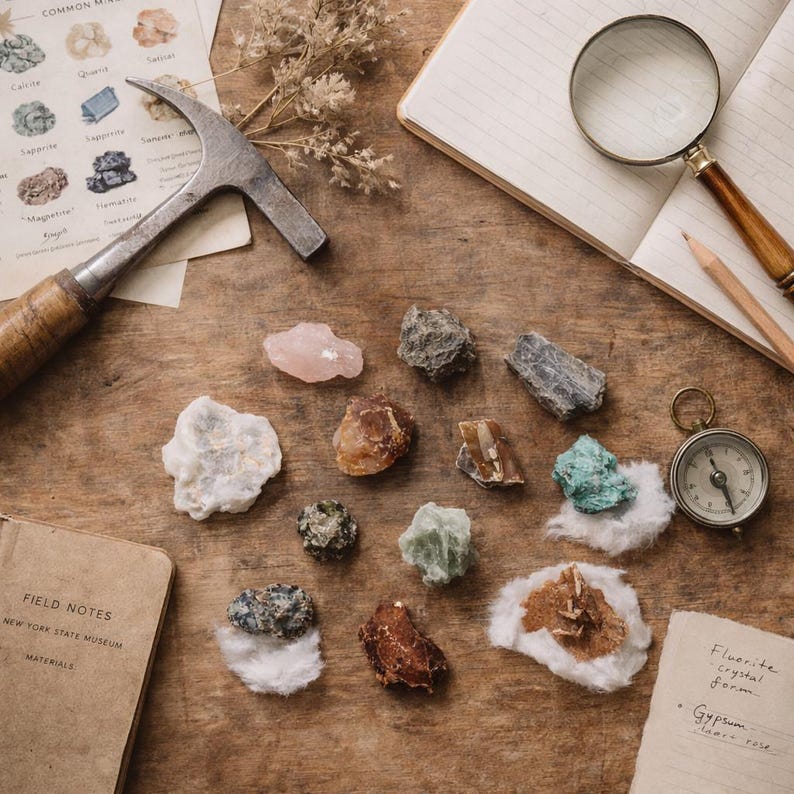 May include: A collection of various colorful gemstones and minerals, including quartz and sapphire, arranged on a wooden surface. A geological hammer, magnifying glass, compass, and notebook are also present, suggesting a geology or science theme.