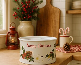 Vintage English Christmas Tin with Holiday Wreath, Multilingual Biscuit Tin, Retro Festive Storage, Collectible Decor