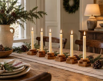 Set of 6 Vintage Wooden Candle Holders, Geometric Star Candlesticks, Rustic Nordic Folk Decor