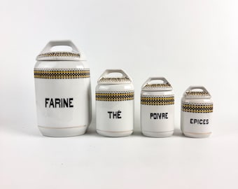 Französisches Art-Deco-Keramikbehälter-Set, Vintage-Küchenvorratsgläser mit originalen französischen Etiketten, schwarz-gelbe Vorratsbehälter