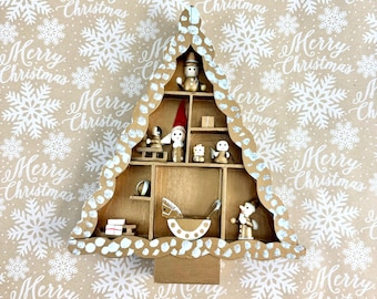 Vintage Wooden Christmas Tree Display with Miniatures, Folk Art Wall Decoration