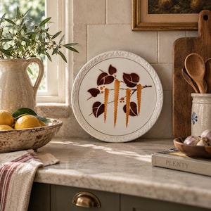 Op de afbeelding: Een rond wit keramieken bord met een decoratief patroon van donkerbruine bladeren en langwerpige oranje katjes. Het bord heeft een textuurrijke, reliëfachtige rand en staat rechtop op een aanrechtblad.