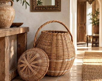 Vintage Wicker Basket with Lid, Handwoven Rattan Storage, 40 cm High, Rustic Boho Cottage Decor