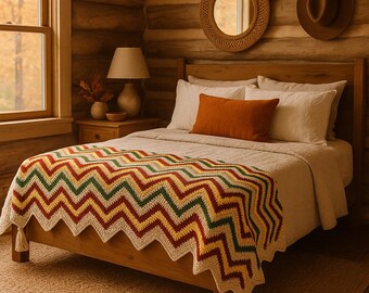 Handmade Vintage Chevron Crochet Blanket with Tassels – Red Green Yellow Beige Throw – Cabin Decor – Eclectic Home – 135x85 cm