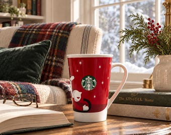 Vintage Starbucks Christmas Mug, 2011 Red Ceramic Holiday Cup with Sledding Person and Dog, 12 oz Collectible