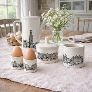 Villeroy & Boch Amsterdam Canal Series: cafetera, jarra para crema, azucarero y hueveras disponibles por separado