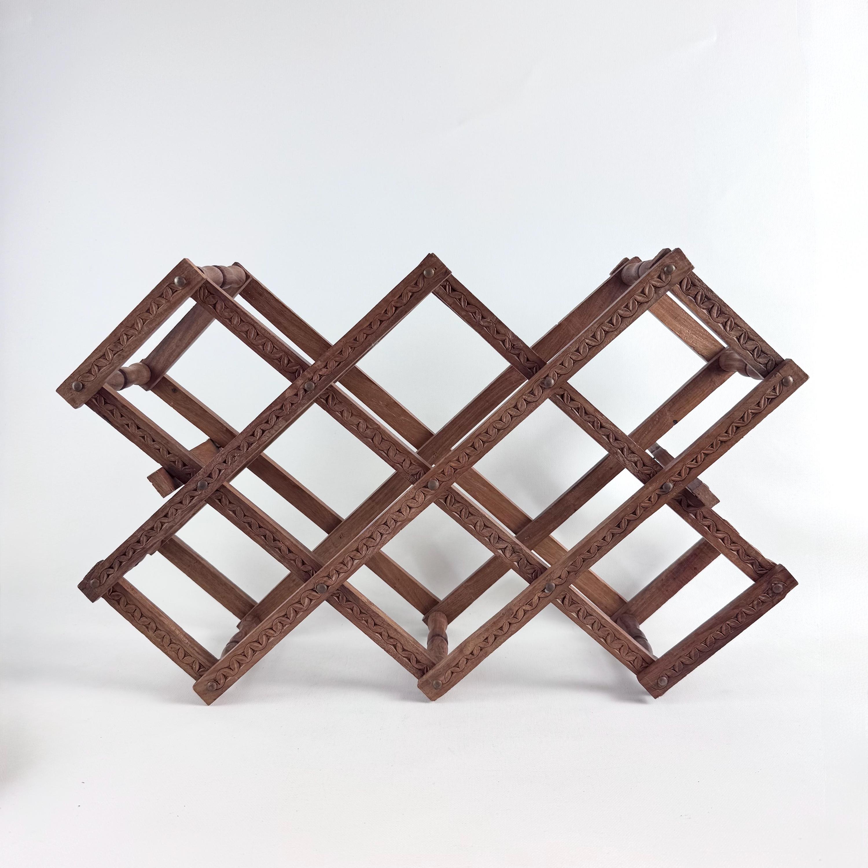 Vintage Folding Teak Wine Rack, Hand Carved Wooden Bottle Holder