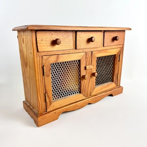 Vintage Miniature Pinewood Cabinet with Chicken Wire Doors, Rustic Farmhouse Decor, Wall-Mountable Storage, Small Cupboard Organizer
