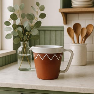 Vintage terrakottakanna – vit sicksackglasyr, Studio Pottery
