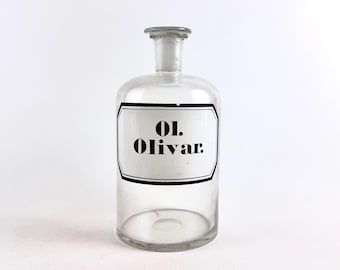 Antieke apothekersfles ol. Olivar – Glazen apotheekpot jaren 1900 met stop, vintage medisch decor, zeldzame laboratoriumvondst