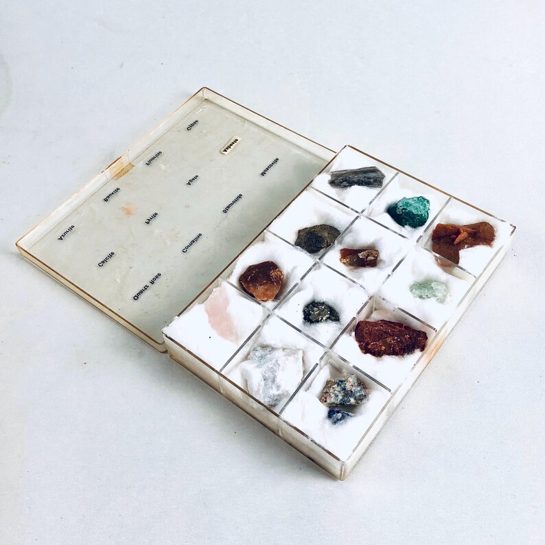 Vintage Crystal & Mineral Set – 12 Rough Stones in Display Box with Labels – Gemstone Collection for Collectors, Decor and Jewelry Making image 12