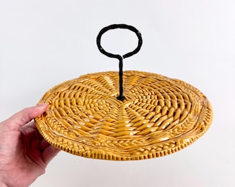 Vintage Vallauris Cheese Platter, French Ceramic Serving Plate with Woven Straw & Wheat Relief, Mustard Yellow