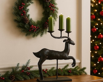 Vintage Hand-Forged Reindeer Candelabra | Rustic Wrought Iron Candle Holder | Antique Holiday Centerpiece | Farmhouse Winter Decor