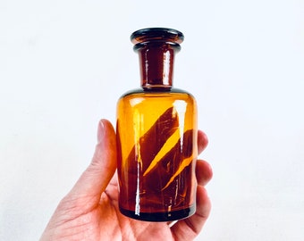 Vintage Apothecary Glass Bottle with Glass Stopper - Brown Glass - Home Decor Collectibles