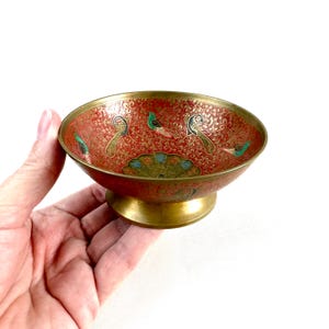 Vintage Brass Enamel Bowl: Floral Peacock Design