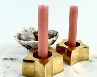 Vintage Brass Star Candle Holders Set of 2 – Solid Brass Taper Holders – Geometric 1980s Design – Retro Home Decor