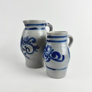 Stoneware Jug Set with Cobalt Blue Decor, 1L Pitcher & Small 0,5L Jug, Rustic Farmhouse Kitchen, Hand Thrown Vintage European Pottery