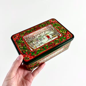 Vintage Massilly Christmas Tin Box from France – Holiday Storage Tin with Winter Scene – 1970s Festive Decor – Collectible Holiday Tin