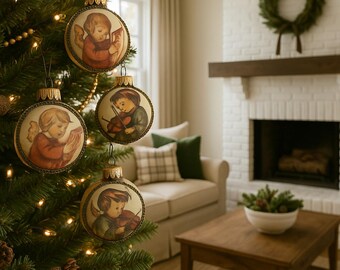 Vintage Hummel Christmas Ornaments Set of 4 | Fabric-Covered Glass Baubles | Angels with Instruments | Made in West Germany | Original Box